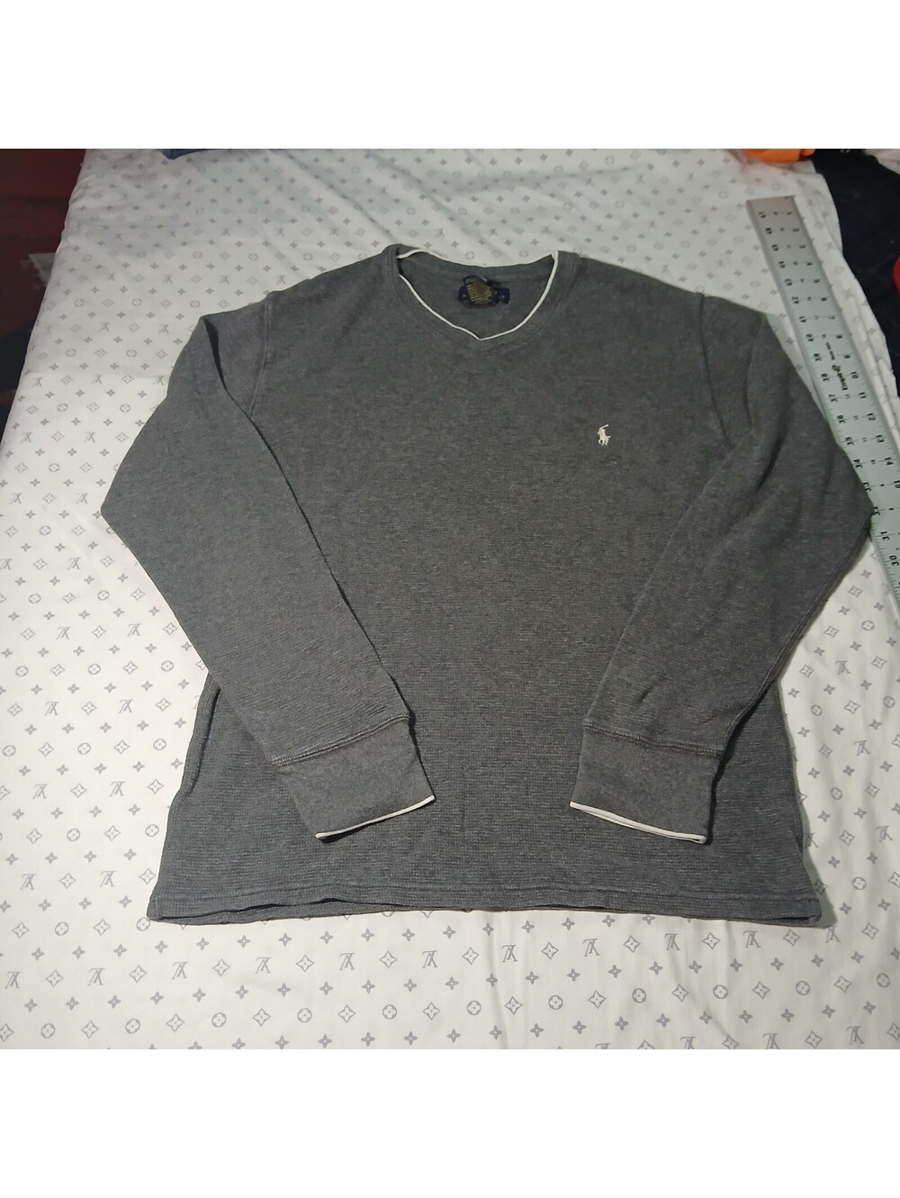 Polo Ralph Lauren Gray Waffle Knit Long Sleeve Shirt Mens Medium Logo Top